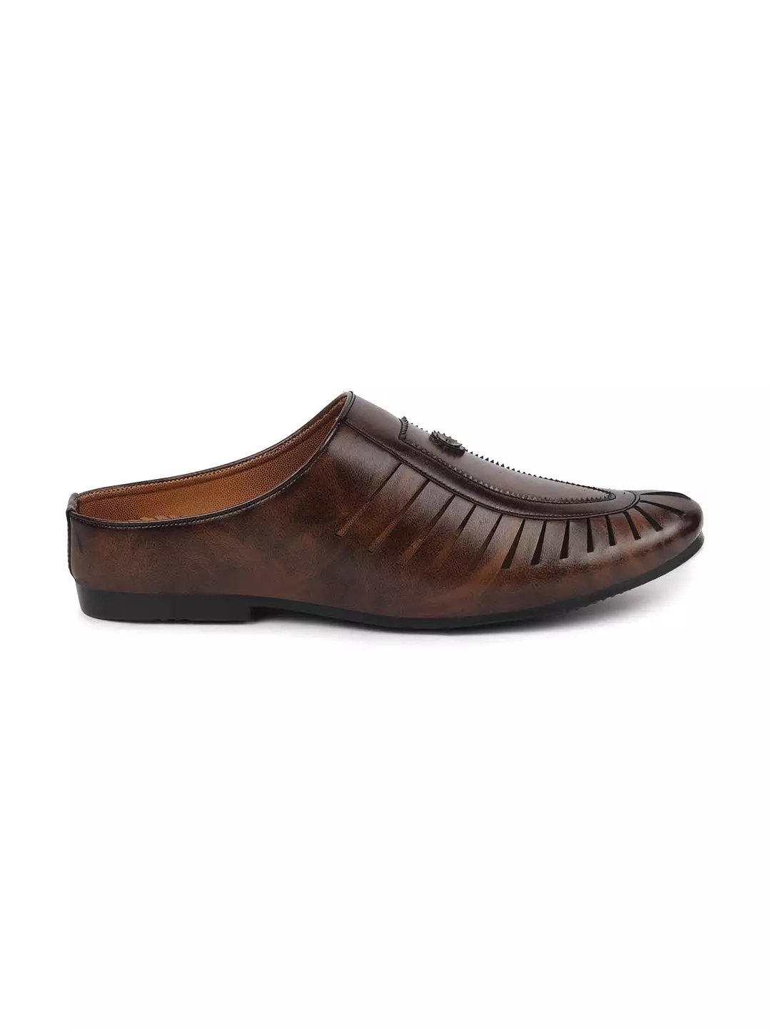 Men Brown Back Open Laser Cut Ethnic Juttis & Mojaris