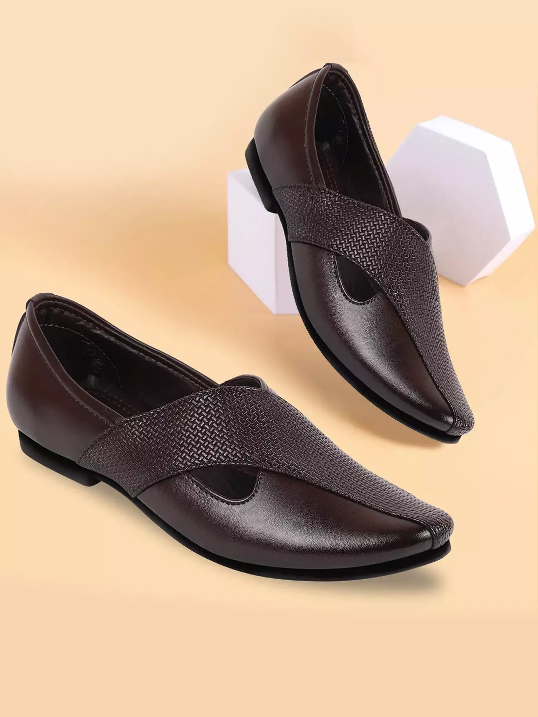 Men Brown Embossed Design Ethnic Party Slip On Juttis and Mojaris