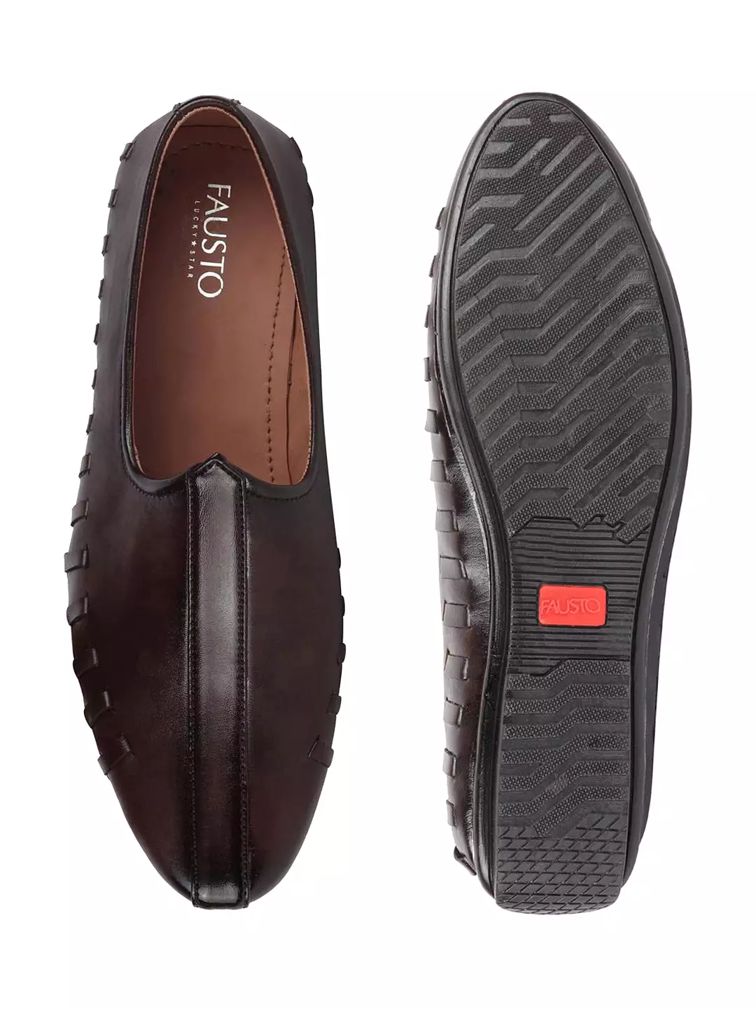 Men Brown Ethnic Slip-On Stitched Jutis & Mojaris