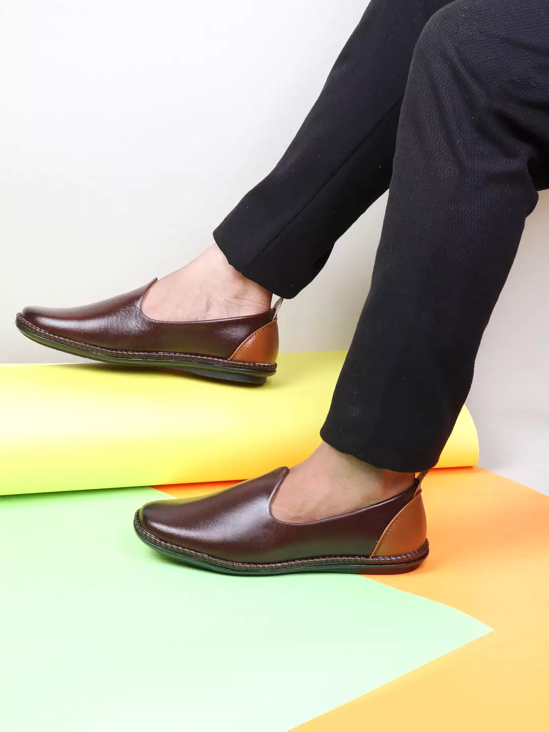 Men Brown Ethnic Slip On Stylish Stitched Jutis