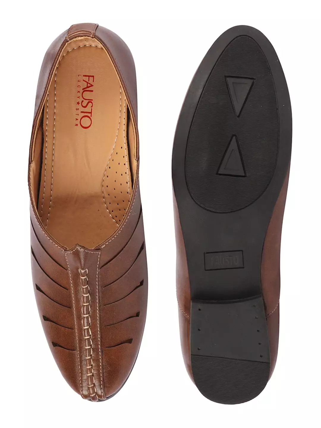 Men Brown Ethnic Wedding Party Laser Cut Design Slip On Juttis and Mojaris