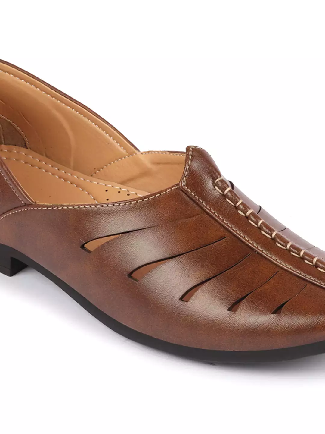 Men Brown Ethnic Wedding Party Laser Cut Design Slip On Juttis and Mojaris