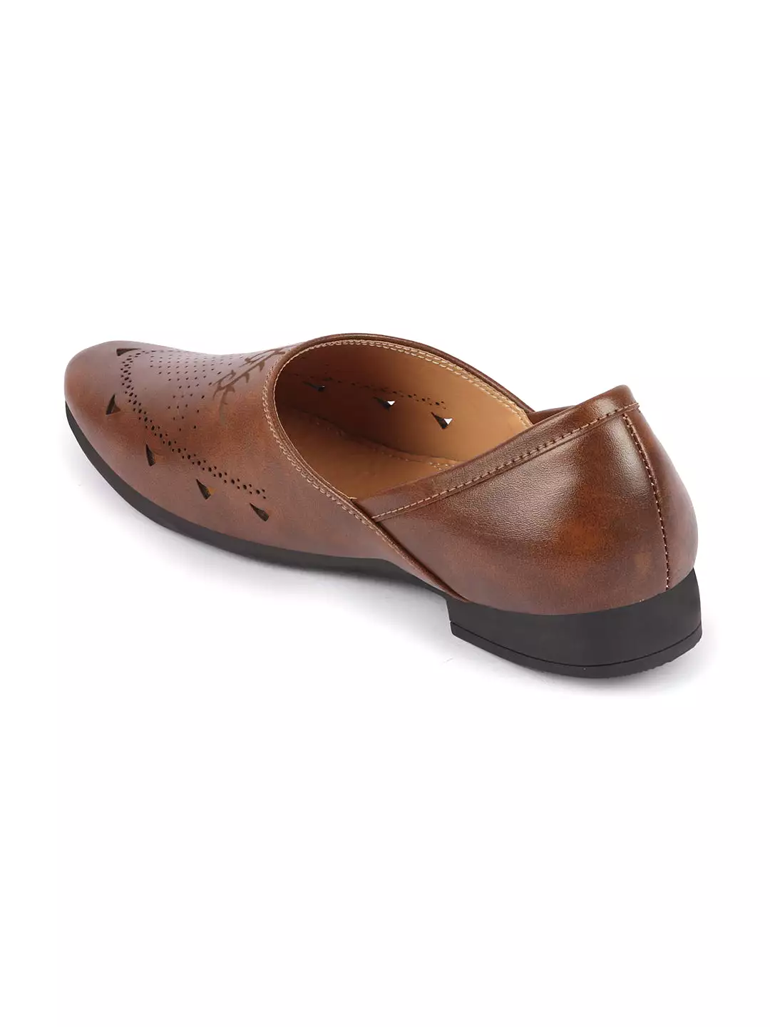 Men Brown Ethnic Wedding Party Laser Cut Perforated Design Slip On Juttis and Mojaris