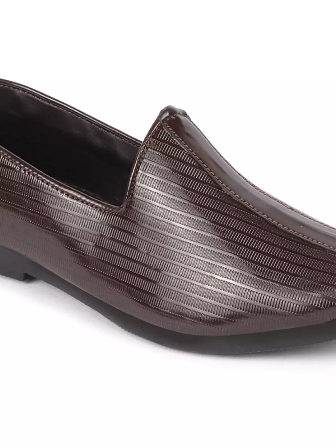 Men Brown Glossy Shine Textured Design Wedding Festive Ethnic Slip On Jutis and Mojaris