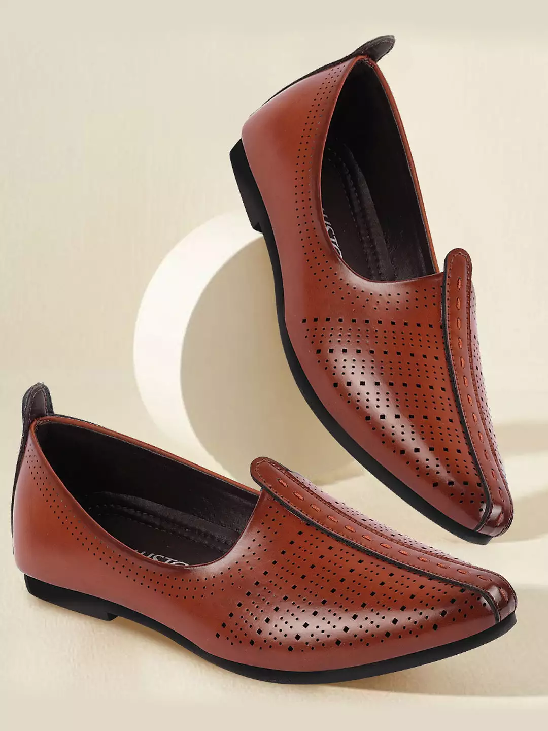 Men Brown Laser Cut Design Broad Feet Ethnic Slip On Wedding Juttis and Mojaris