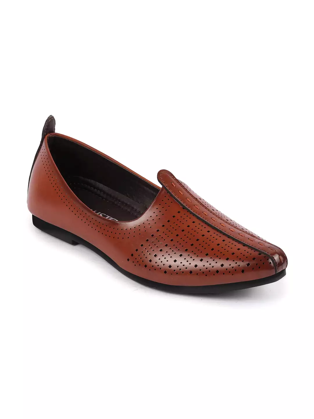 Men Brown Laser Cut Design Broad Feet Ethnic Slip On Wedding Juttis and Mojaris