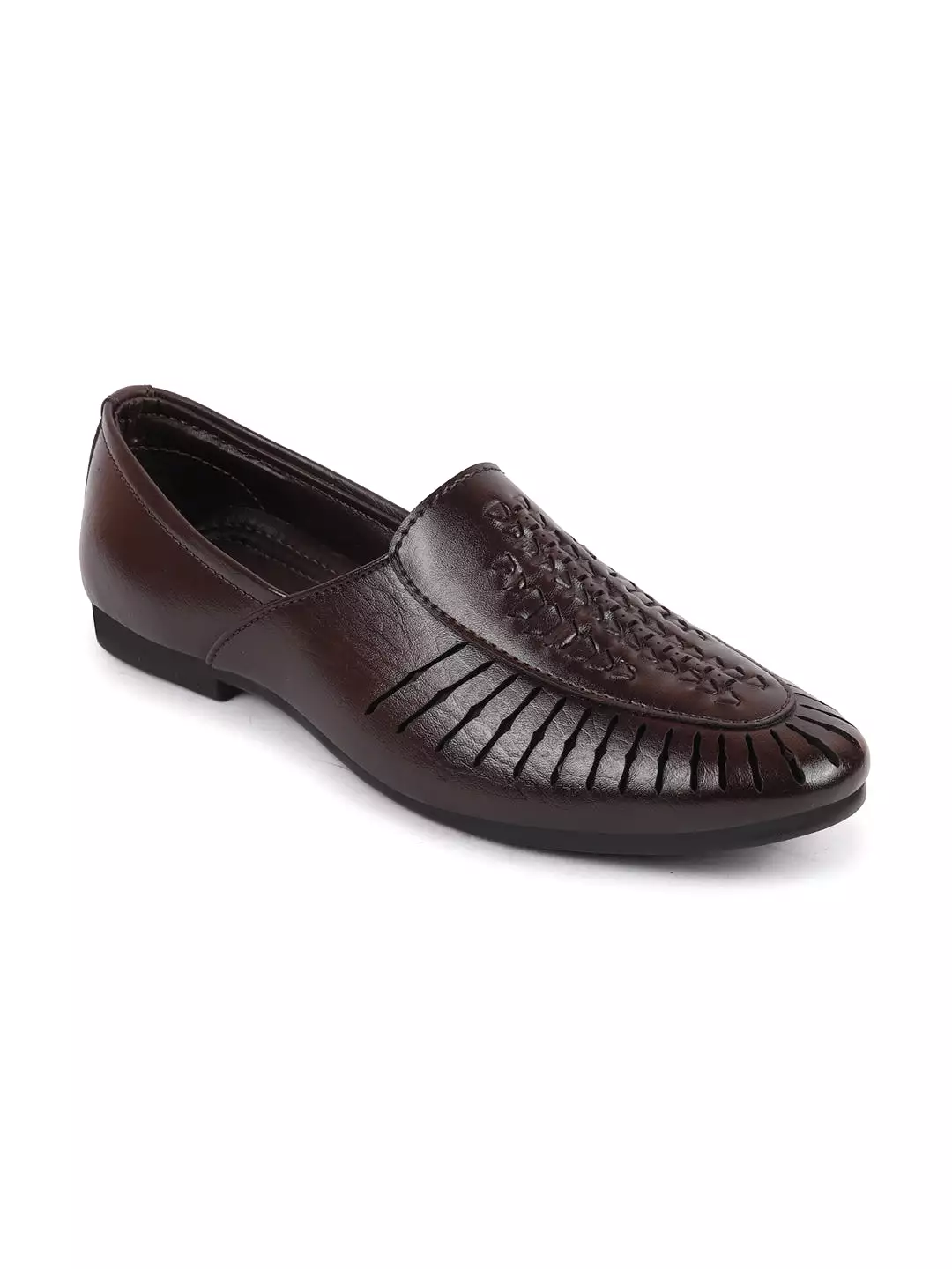 Men Brown Laser Cut Design Ethnic Slip On Party Juttis and Mojaris