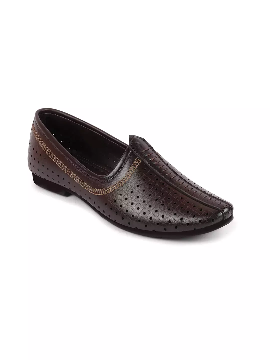 Men Brown Laser Cut Design Stitched Ethnic Party Slip On Juttis and Mojaris