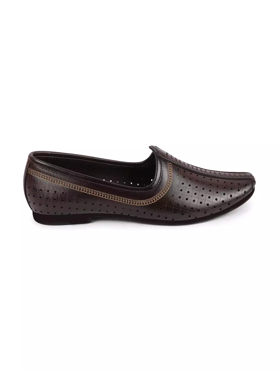 Men Brown Laser Cut Design Stitched Ethnic Party Slip On Juttis and Mojaris