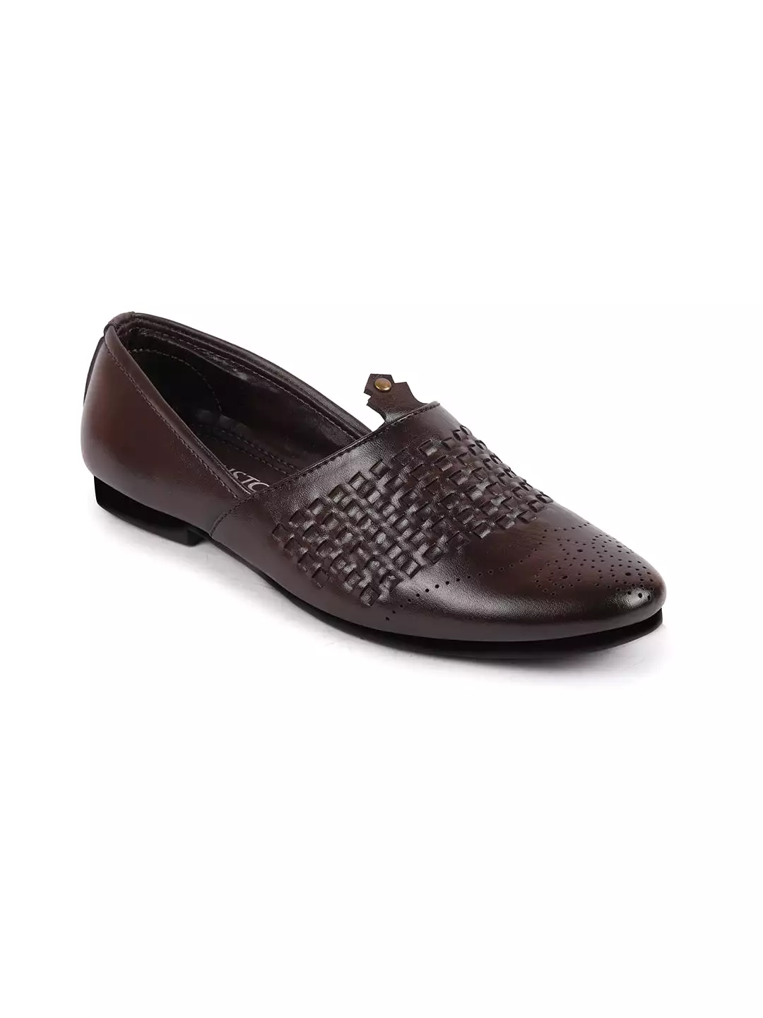 Men Brown Laser Cut Knitted Design Ethnic Wedding Broad Feet Slip On Juttis and Mojaris