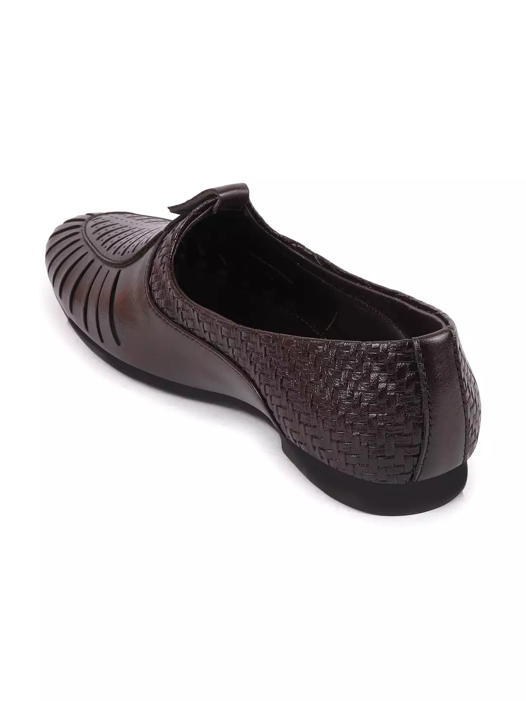 Men Brown Laser Cut Knitted Design Ethnic Wedding Slip On Juttis and Mojaris