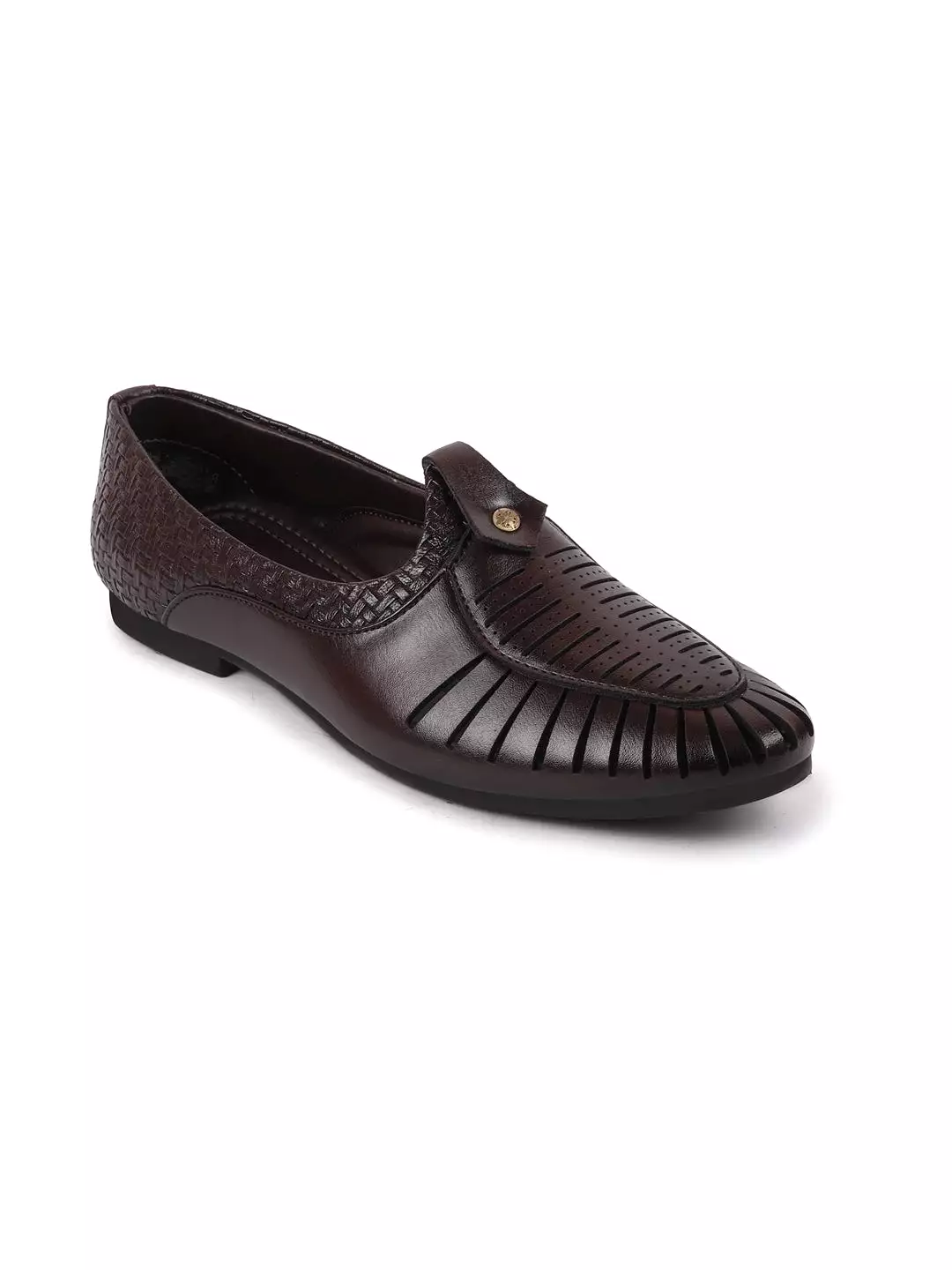 Men Brown Laser Cut Knitted Design Ethnic Wedding Slip On Juttis and Mojaris