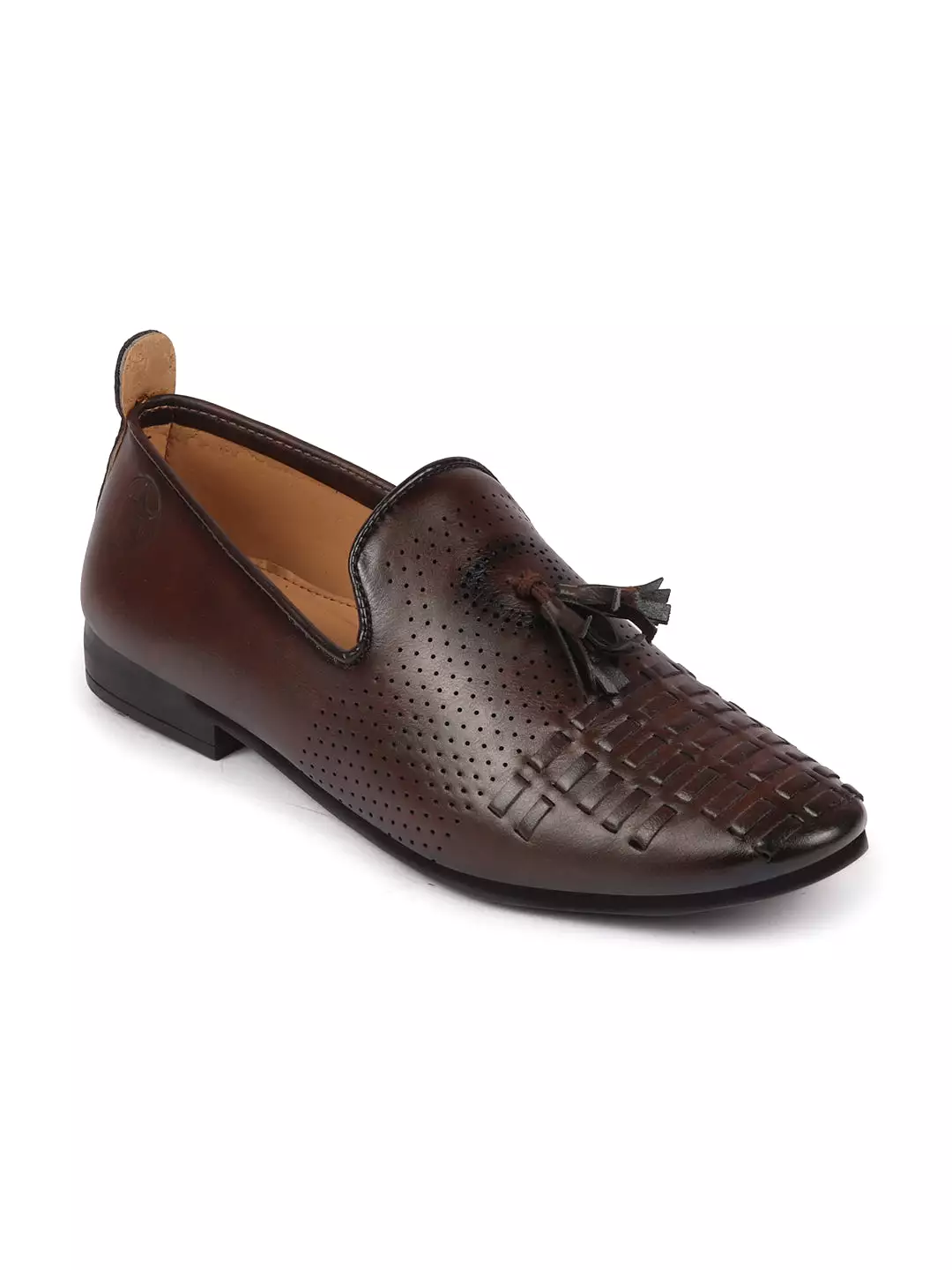 Men Brown Tassel Knitted Design Broad Feet Slip On Ethnic Wedding Juttis and Mojaris