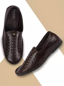 Men Ethnic Brown Stitched Juttis & Mojaris