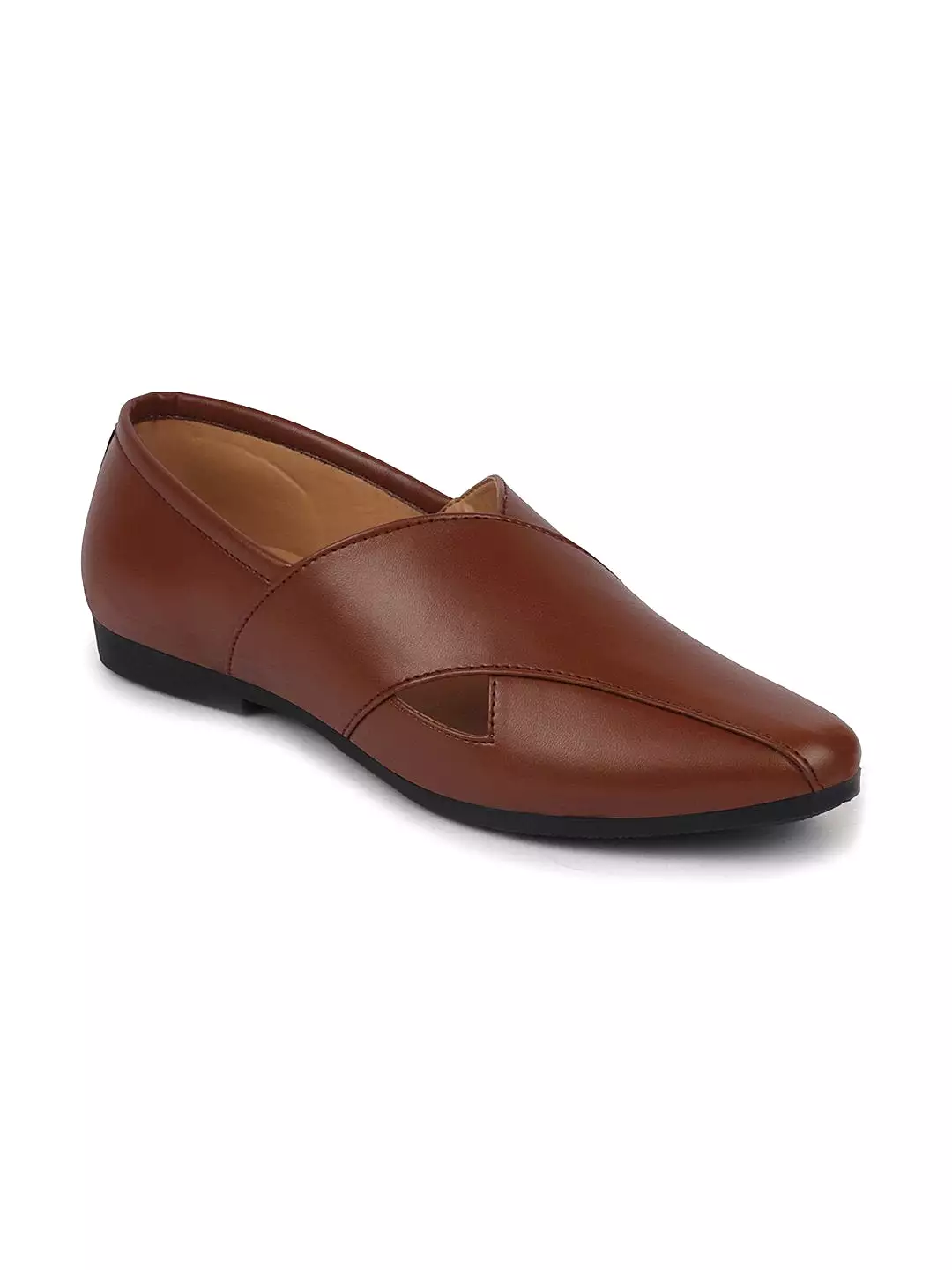 Men Ethnic Tan Criss Cross Slip On Juttis and Mojaris