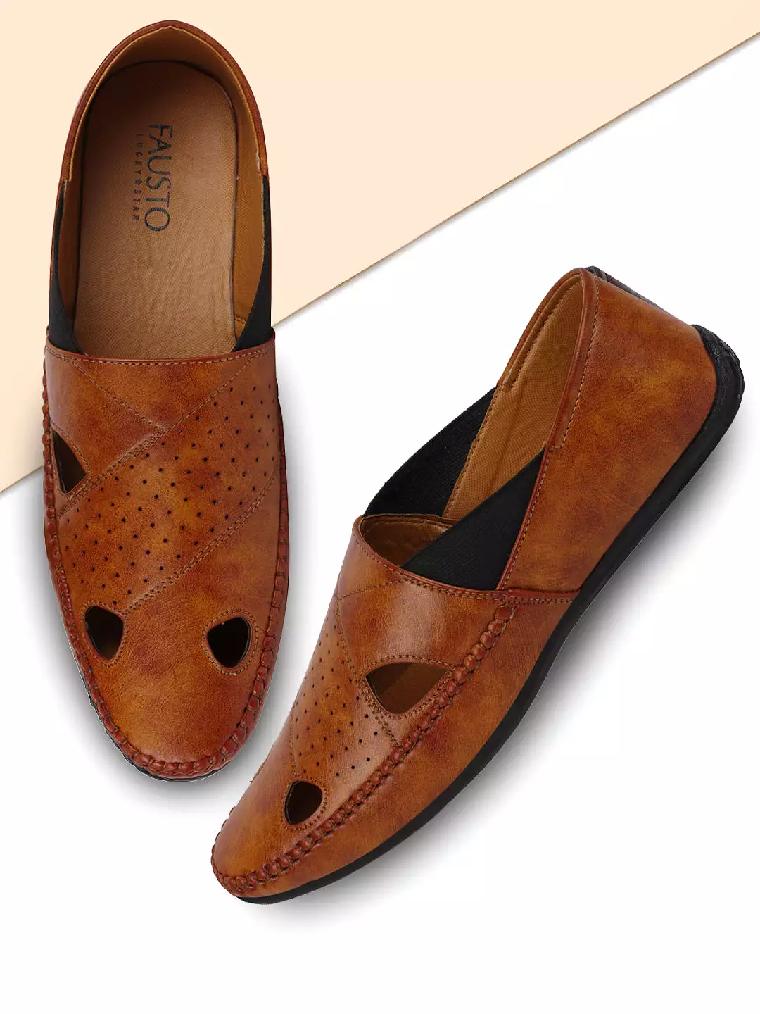 Men Ethnic Tan Hand Stitched Juttis & Mojaris