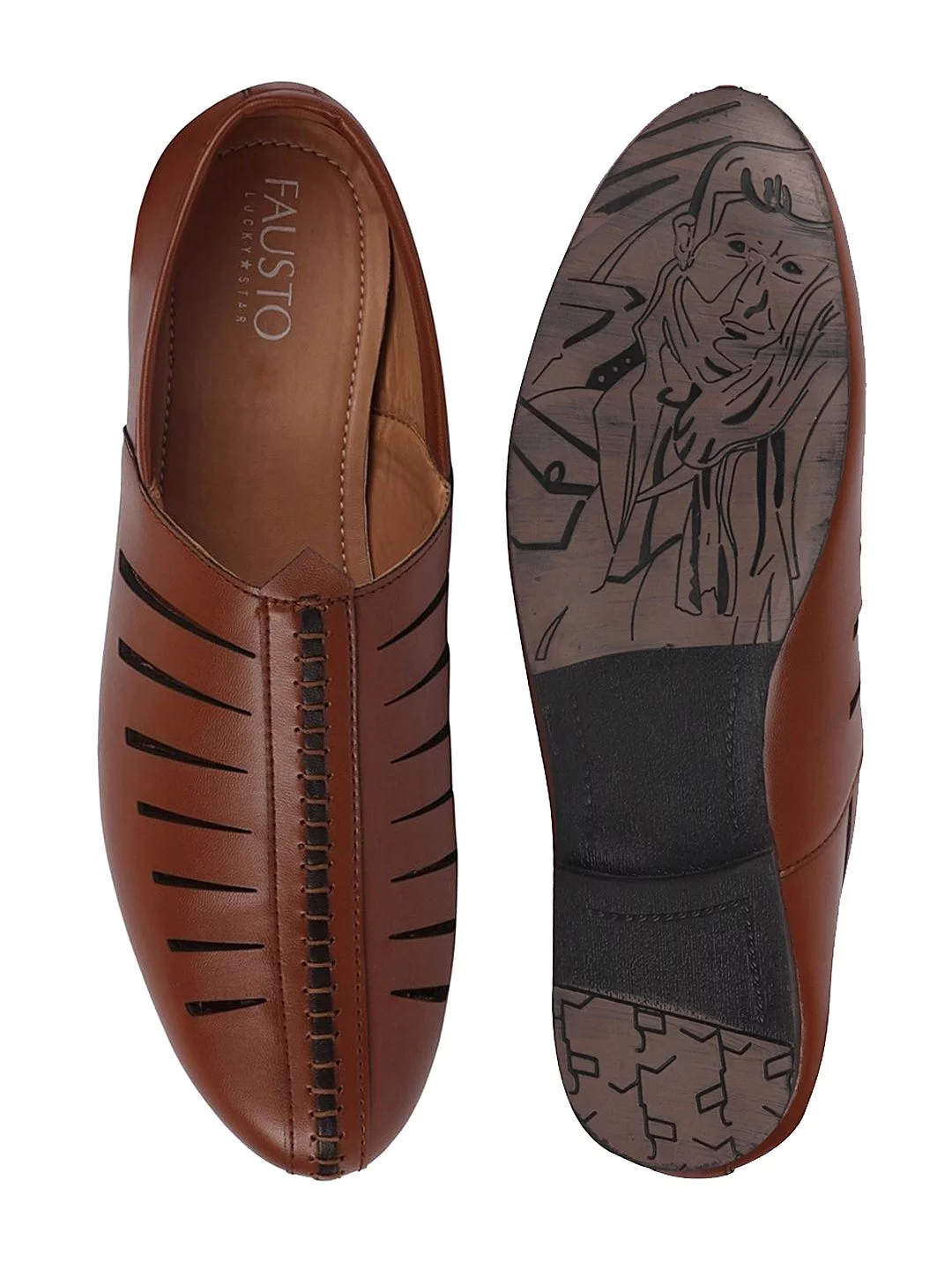 Men Ethnic Tan Hand Stitched Laser Cut Juttis and Mojaris