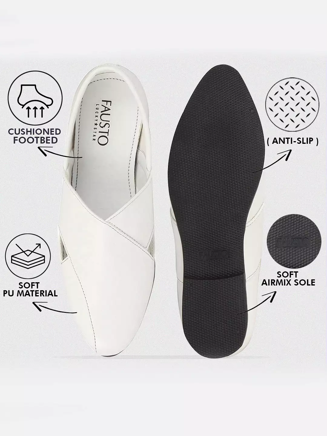 Men Ethnic White Criss Cross Slip On Juttis and Mojaris