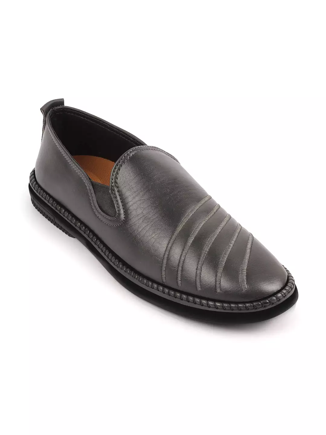 Men Grey Ethnic Wedding Party Embroidery Stripe Design Stitched Prom Slip On Jutis