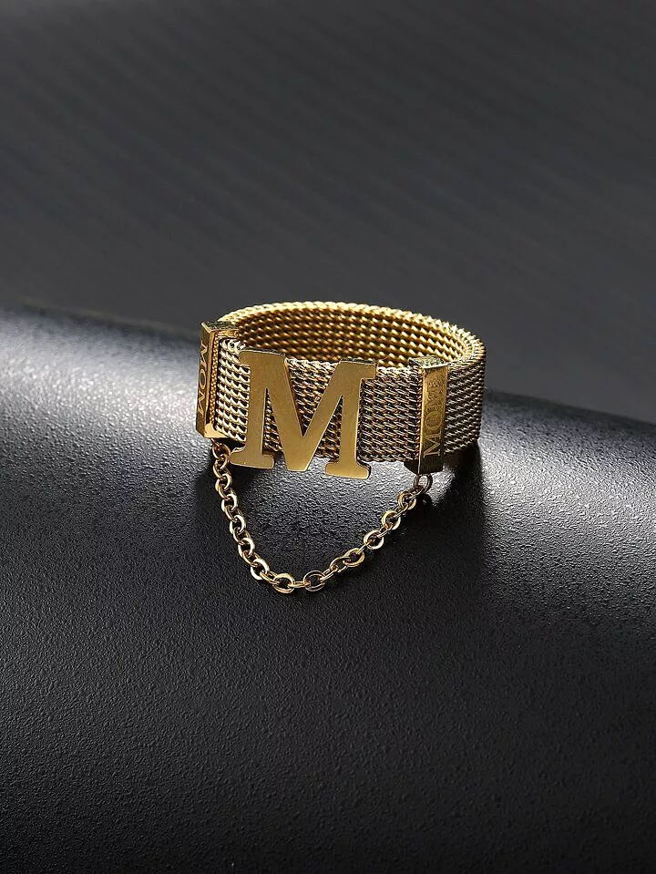 Men Letter & Chain Decor Ring S4608877