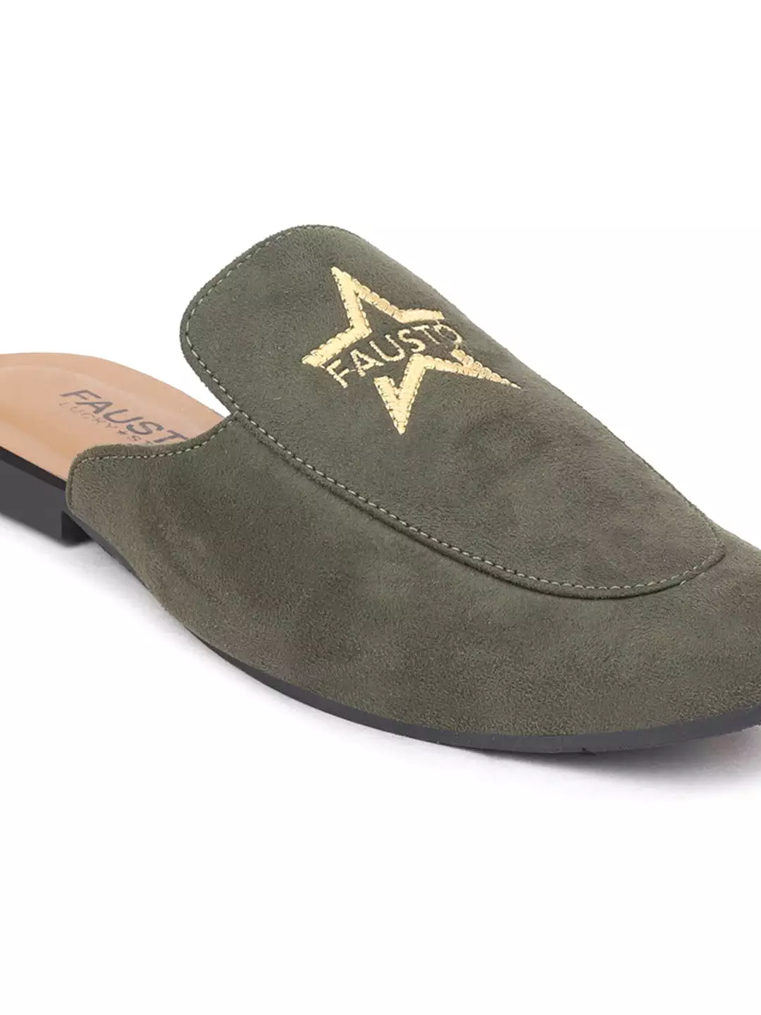 Men Olive Embroidery Print Velvet Back Open Flat Mules