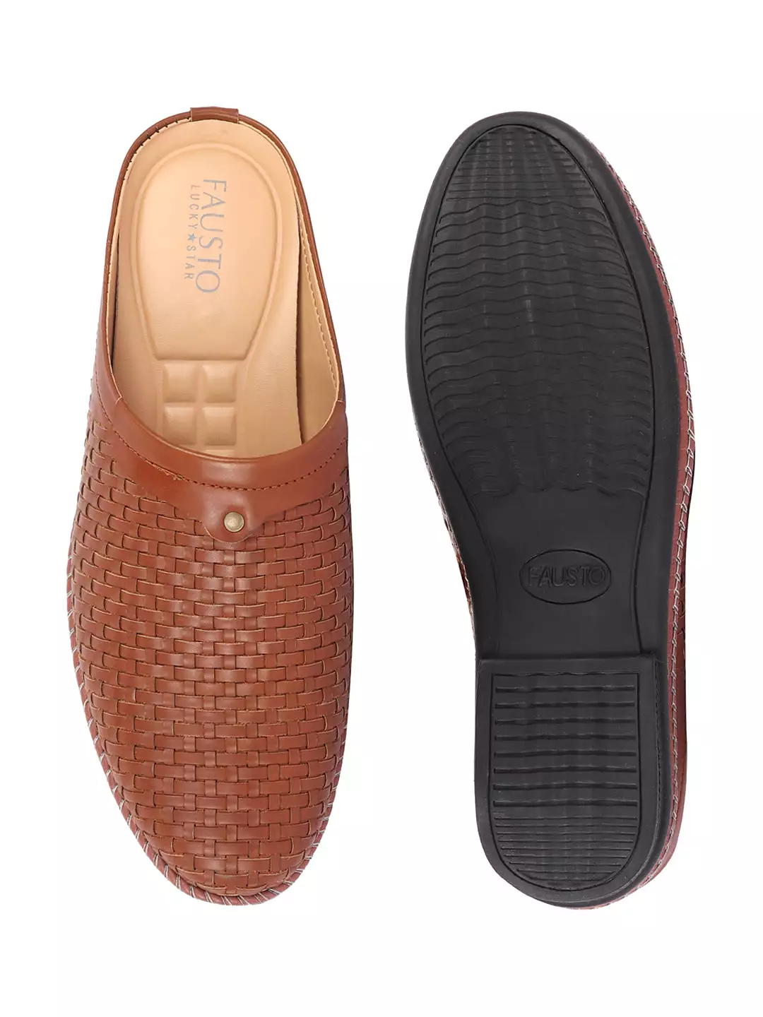 Men Tan Back Open Knit Design Stitched Ethnic Casual Mules