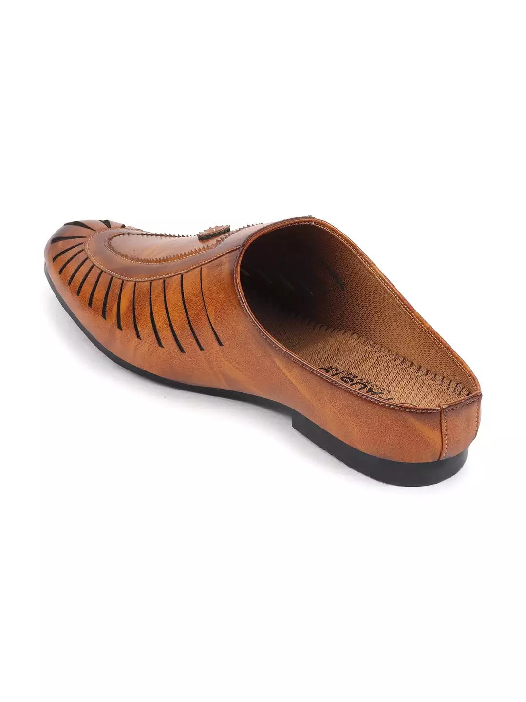 Men Tan Back Open Laser Cut Ethnic Juttis & Mojaris