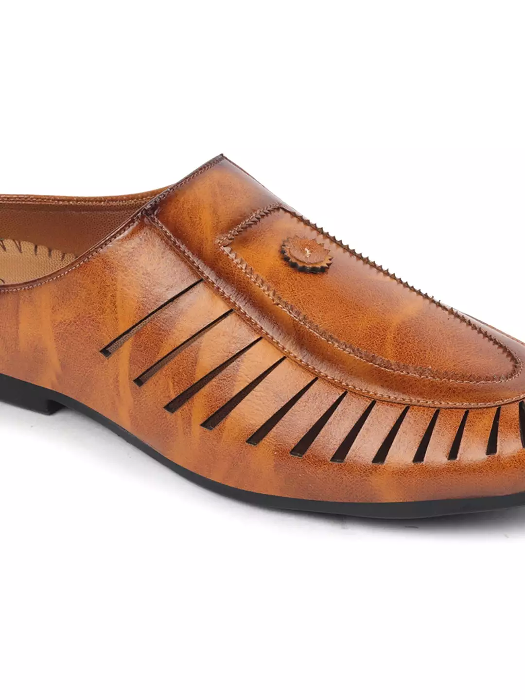 Men Tan Back Open Laser Cut Ethnic Juttis & Mojaris