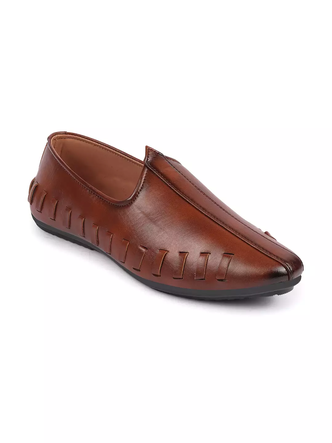 Men Tan Ethnic Slip-On Stitched Jutis & Mojaris