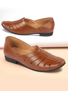 Men Tan Ethnic Wedding Party Laser Cut Design Slip On Juttis and Mojaris