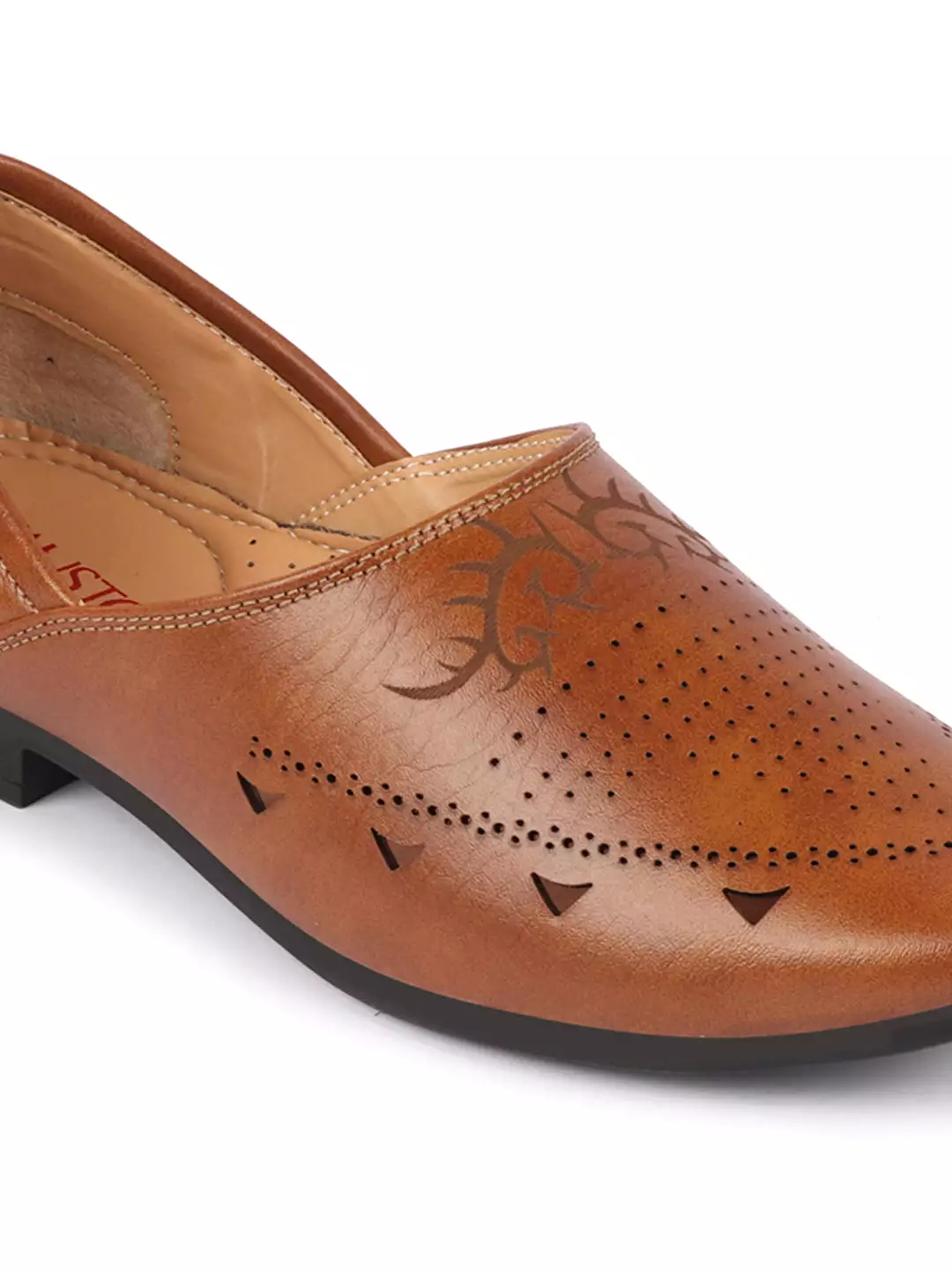 Men Tan Ethnic Wedding Party Laser Cut Perforated Design Slip On Juttis and Mojaris