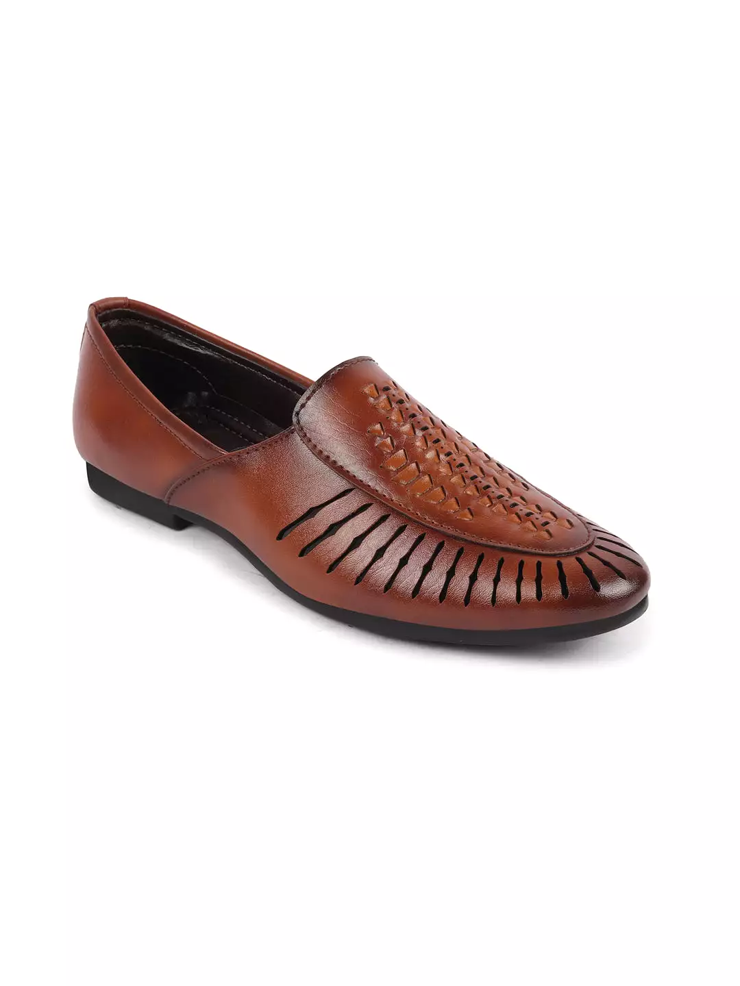 Men Tan Laser Cut Design Ethnic Slip On Party Juttis and Mojaris