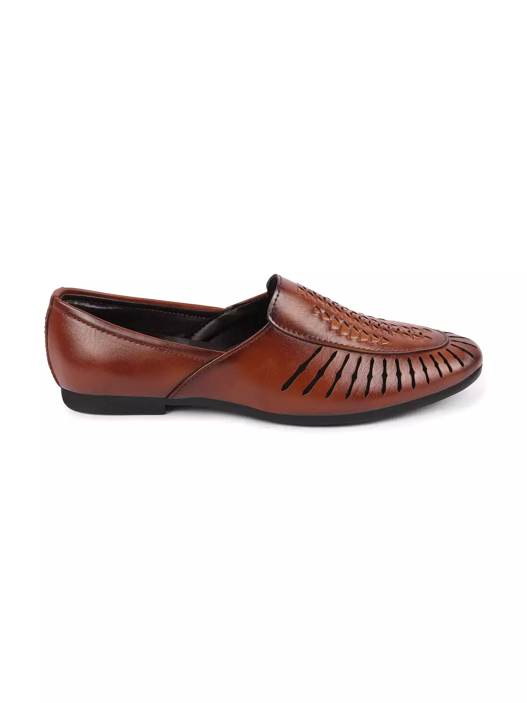 Men Tan Laser Cut Design Ethnic Slip On Party Juttis and Mojaris