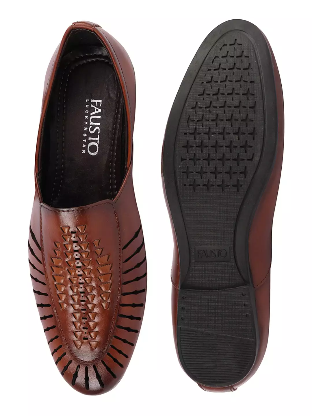 Men Tan Laser Cut Design Ethnic Slip On Party Juttis and Mojaris