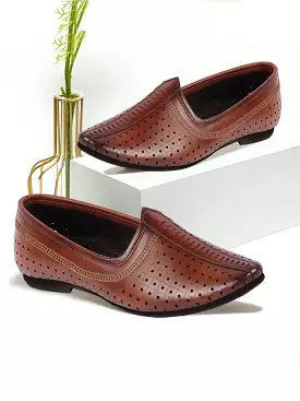 Men Tan Laser Cut Design Stitched Ethnic Party Slip On Juttis and Mojaris