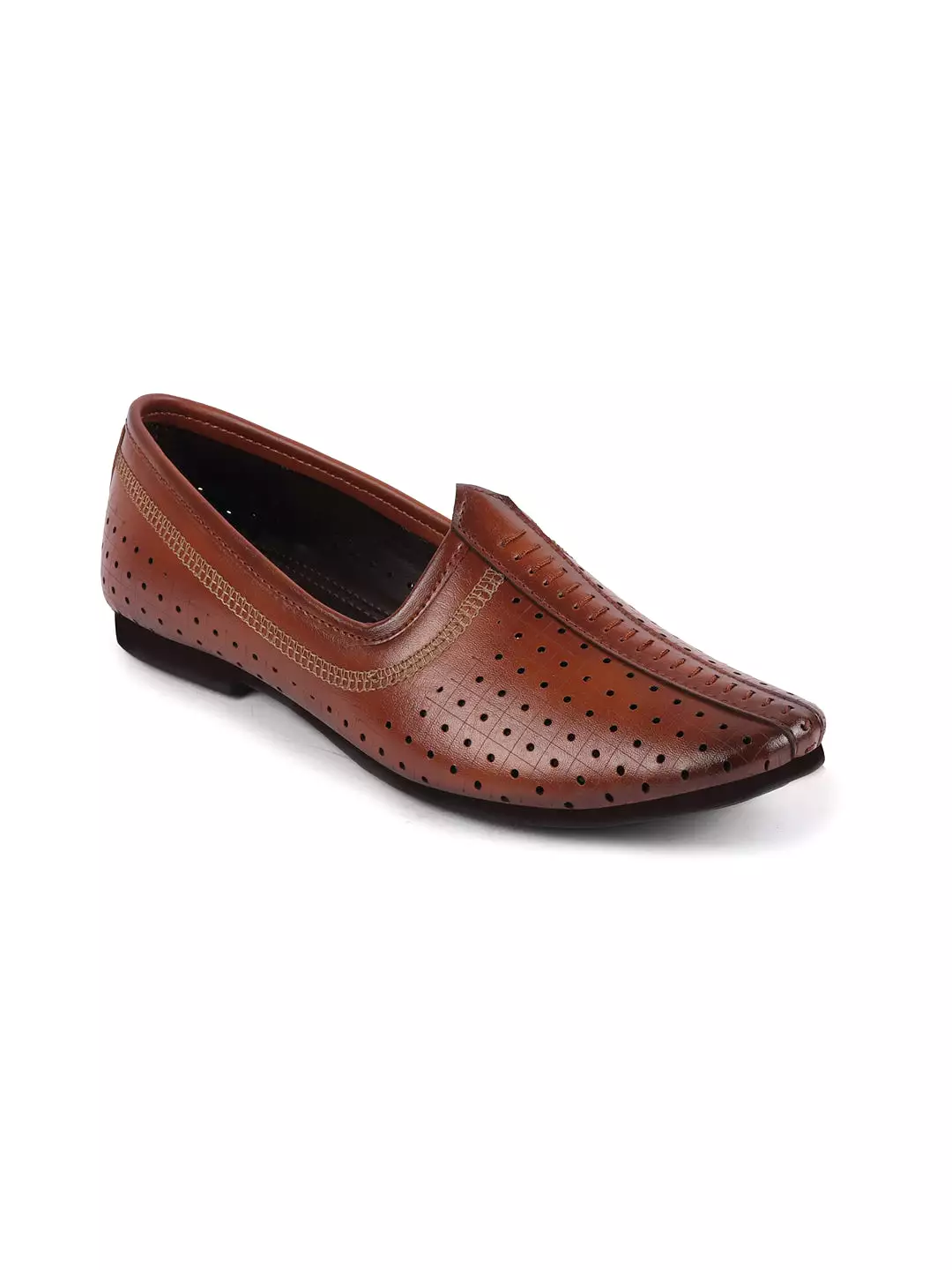 Men Tan Laser Cut Design Stitched Ethnic Party Slip On Juttis and Mojaris