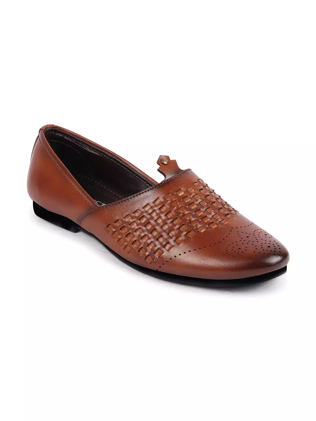 Men Tan Laser Cut Knitted Design Ethnic Wedding Broad Feet Slip On Juttis and Mojaris