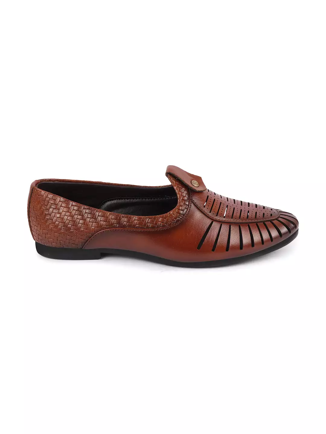 Men Tan Laser Cut Knitted Design Ethnic Wedding Slip On Juttis and Mojaris