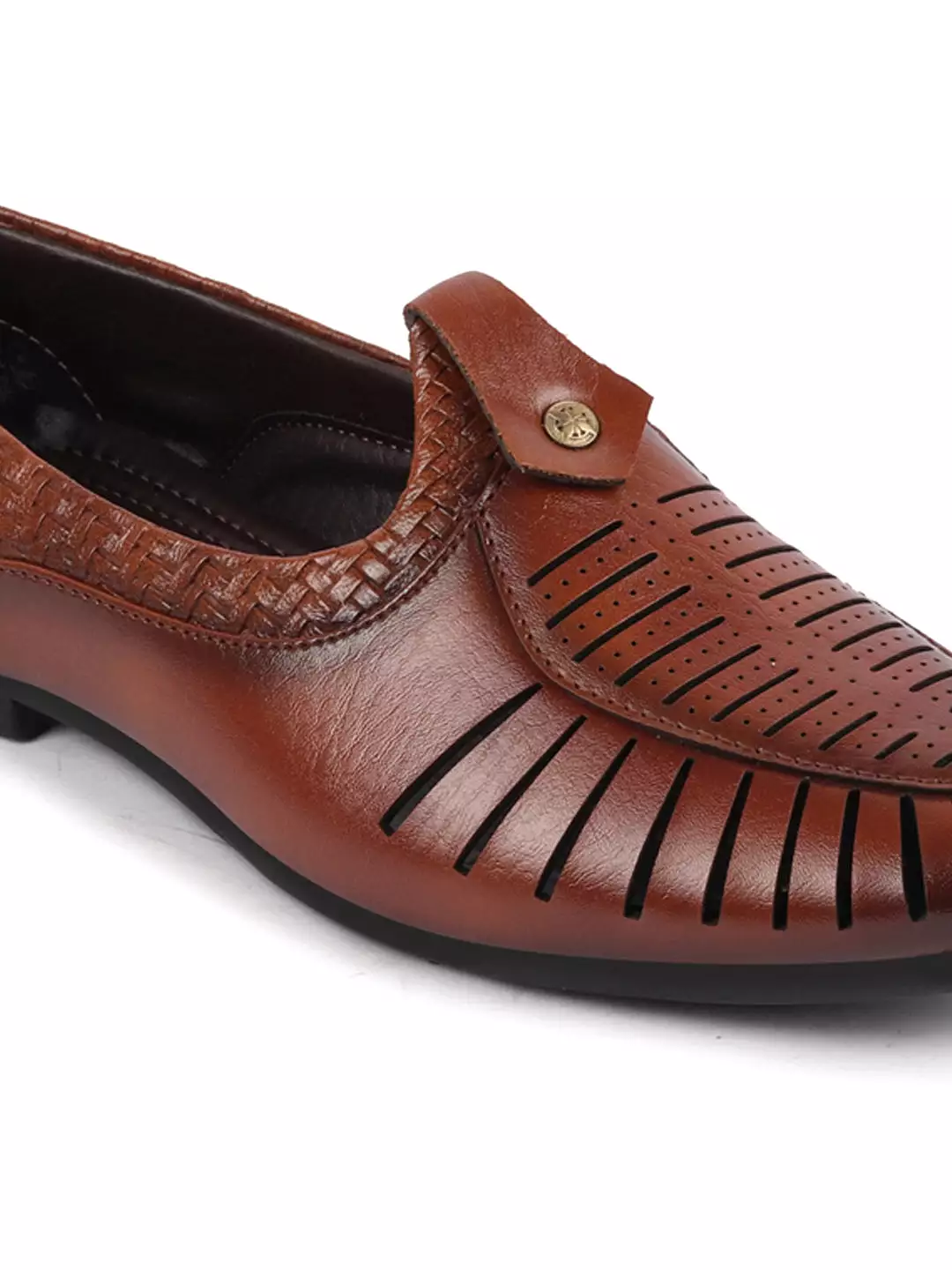 Men Tan Laser Cut Knitted Design Ethnic Wedding Slip On Juttis and Mojaris