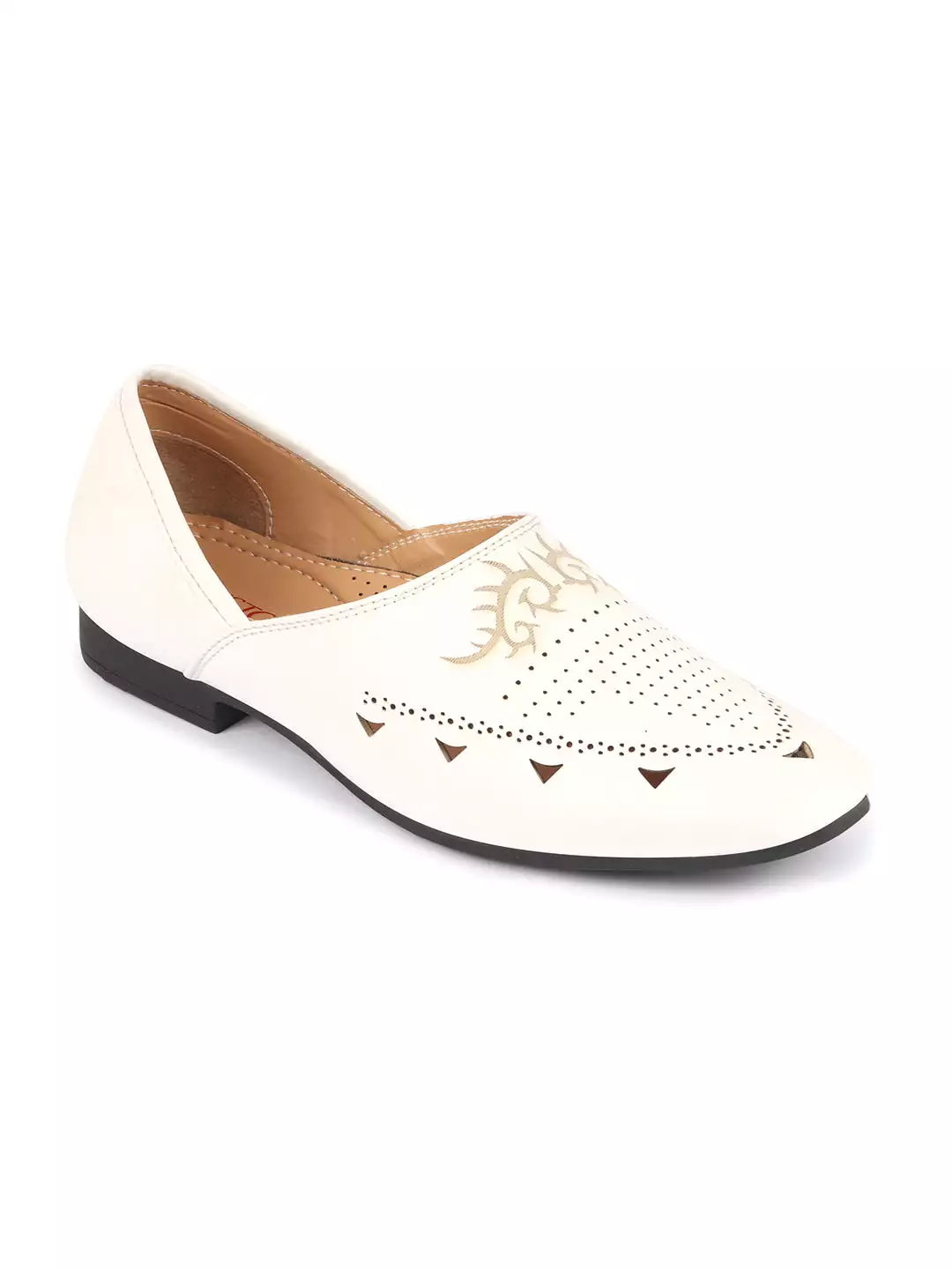 Men White Ethnic Wedding Party Laser Cut Perforated Design Slip On Juttis and Mojaris