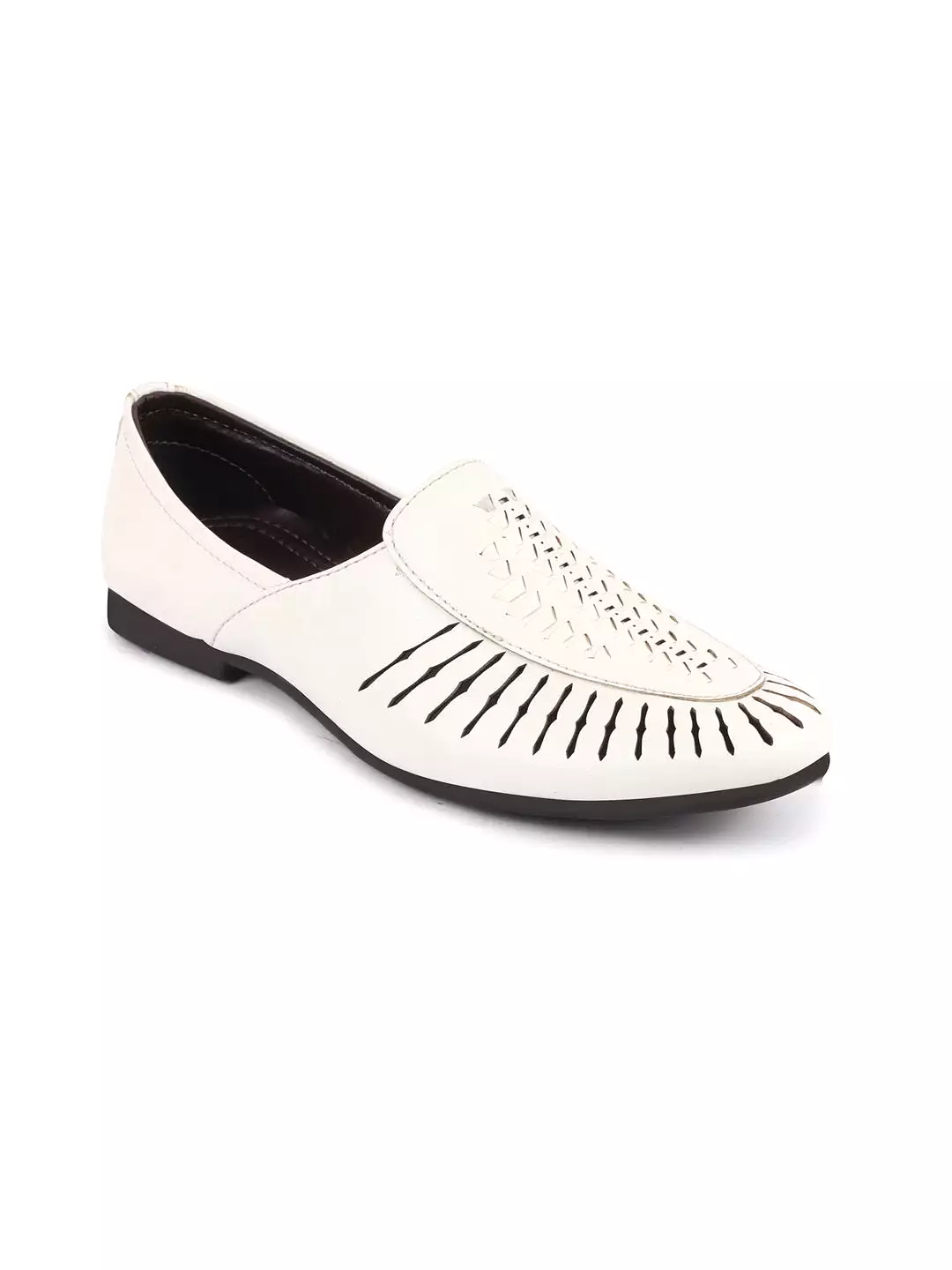 Men White Laser Cut Design Ethnic Slip On Party Juttis and Mojaris