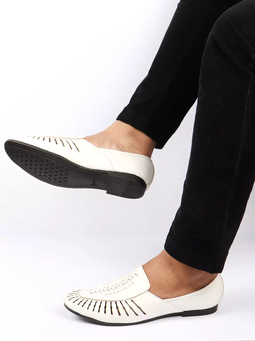 Men White Laser Cut Design Ethnic Slip On Party Juttis and Mojaris