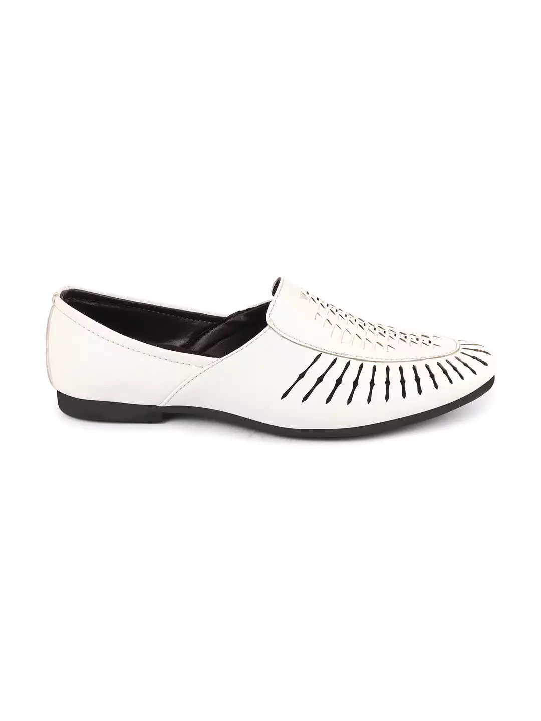 Men White Laser Cut Design Ethnic Slip On Party Juttis and Mojaris