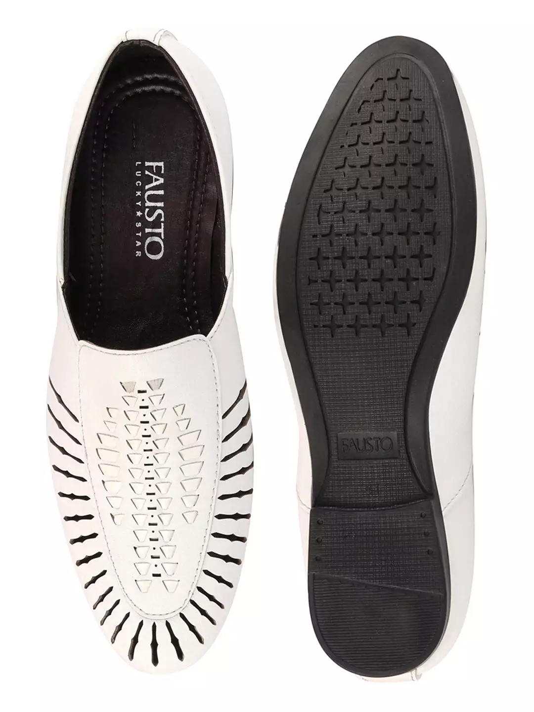 Men White Laser Cut Design Ethnic Slip On Party Juttis and Mojaris