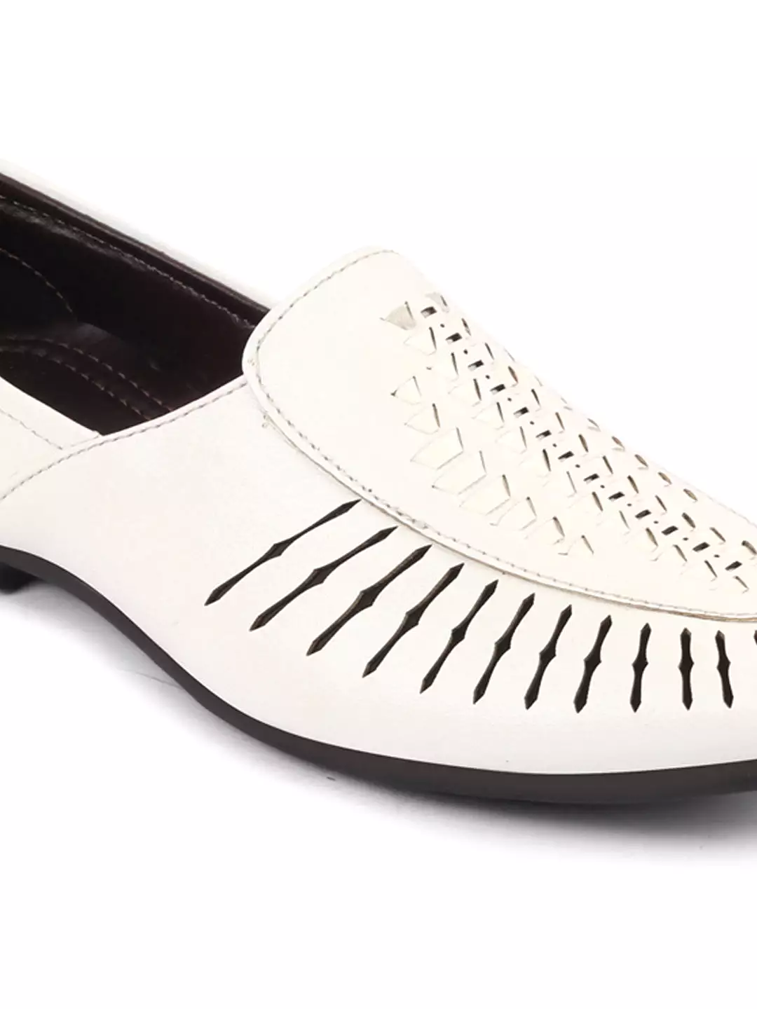 Men White Laser Cut Design Ethnic Slip On Party Juttis and Mojaris