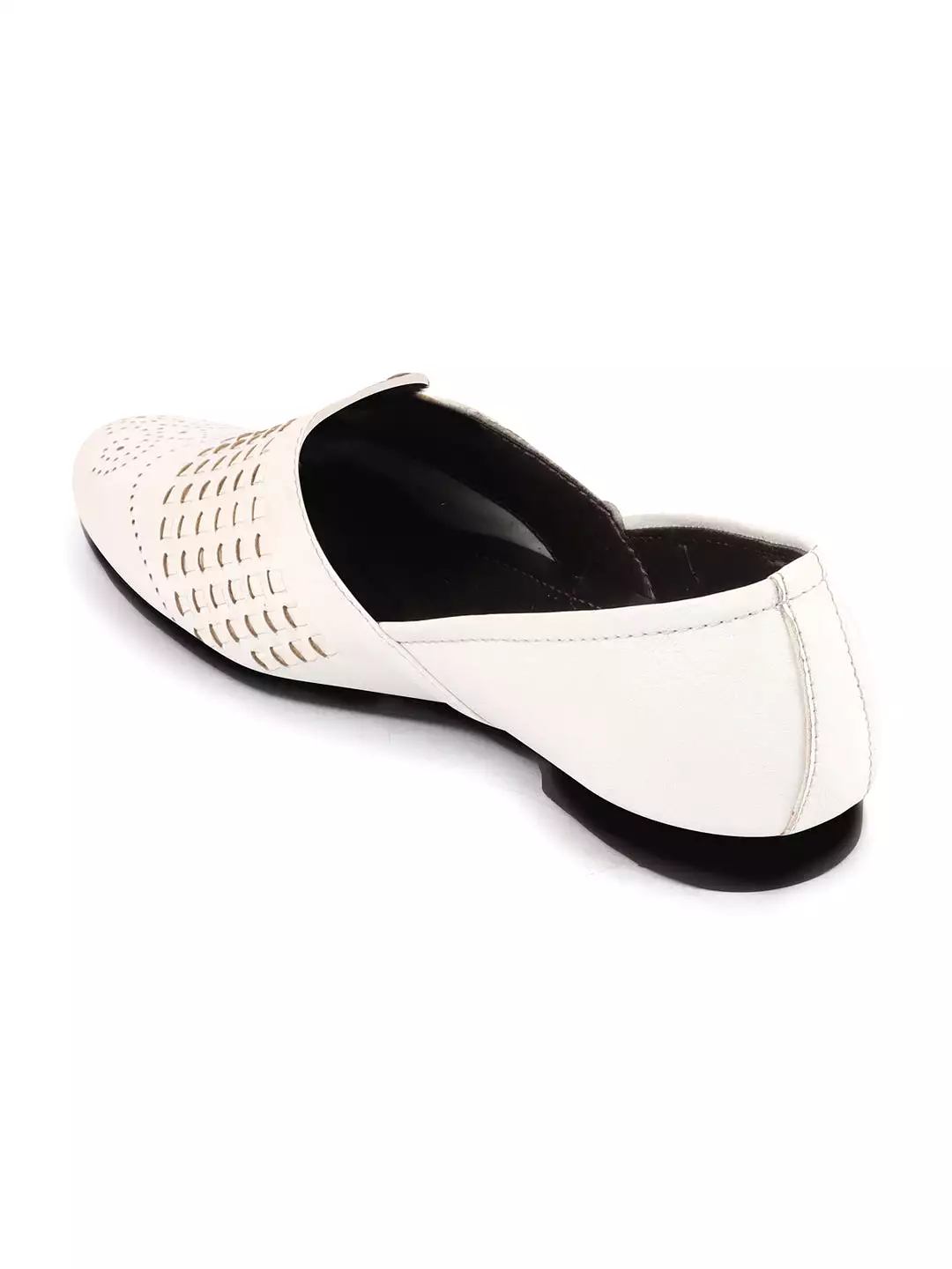 Men White Laser Cut Knitted Design Ethnic Wedding Broad Feet Slip On Juttis and Mojaris