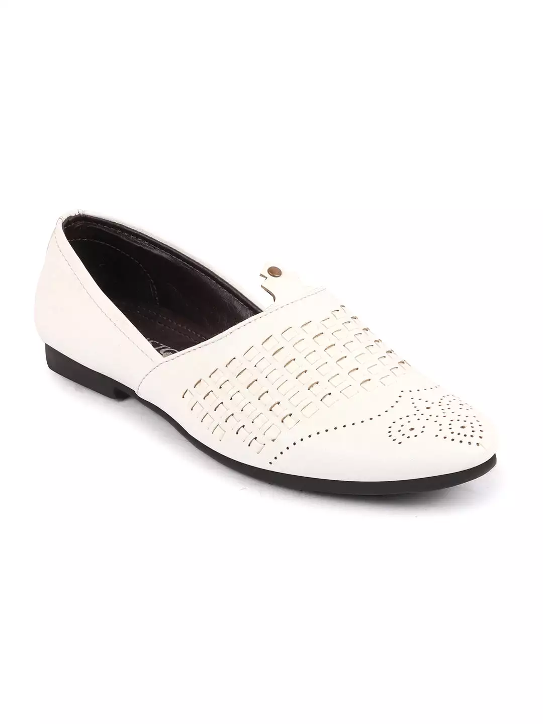 Men White Laser Cut Knitted Design Ethnic Wedding Broad Feet Slip On Juttis and Mojaris