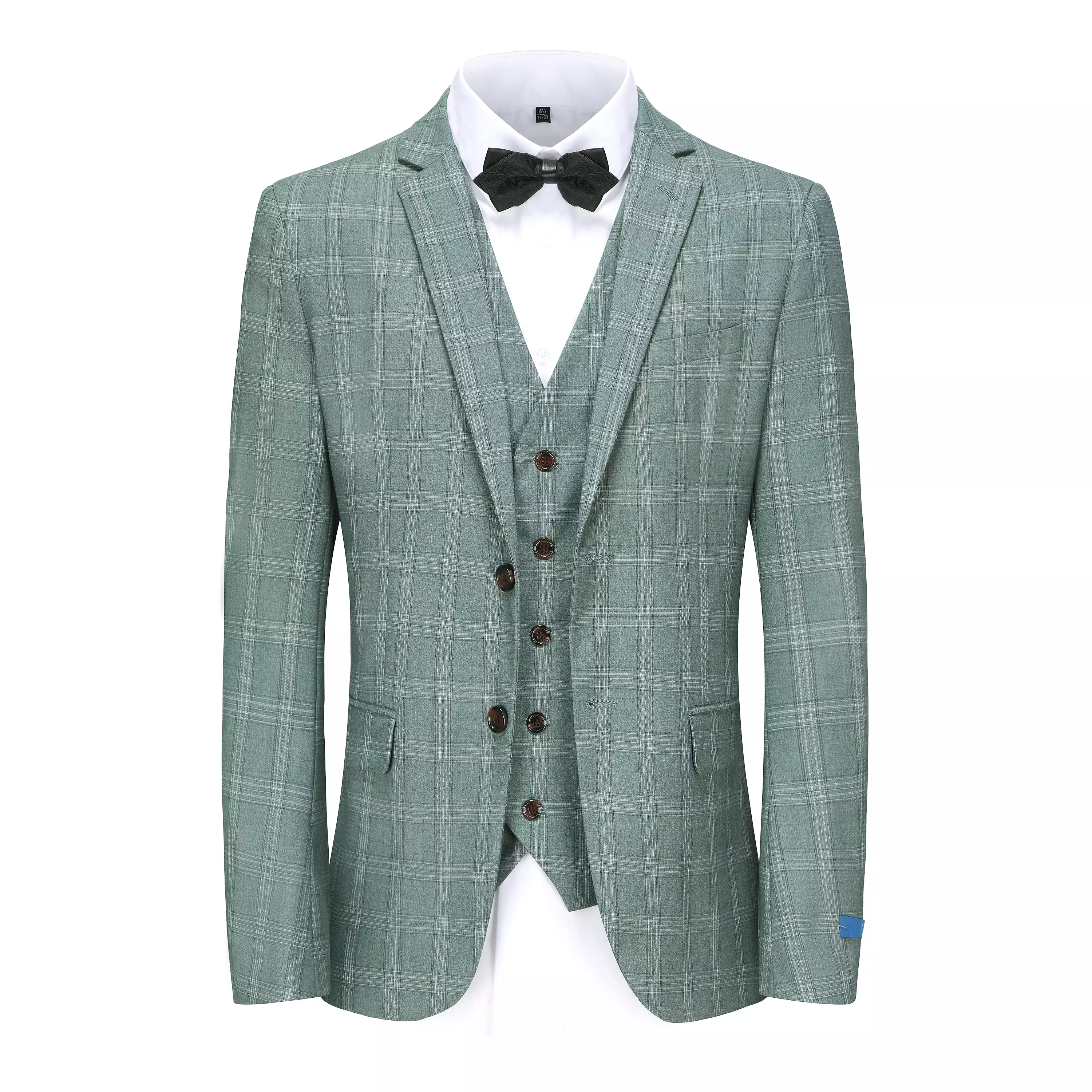 Men's 3-Piece Performance Stretch Slim Fit Green & White Plaid Suit