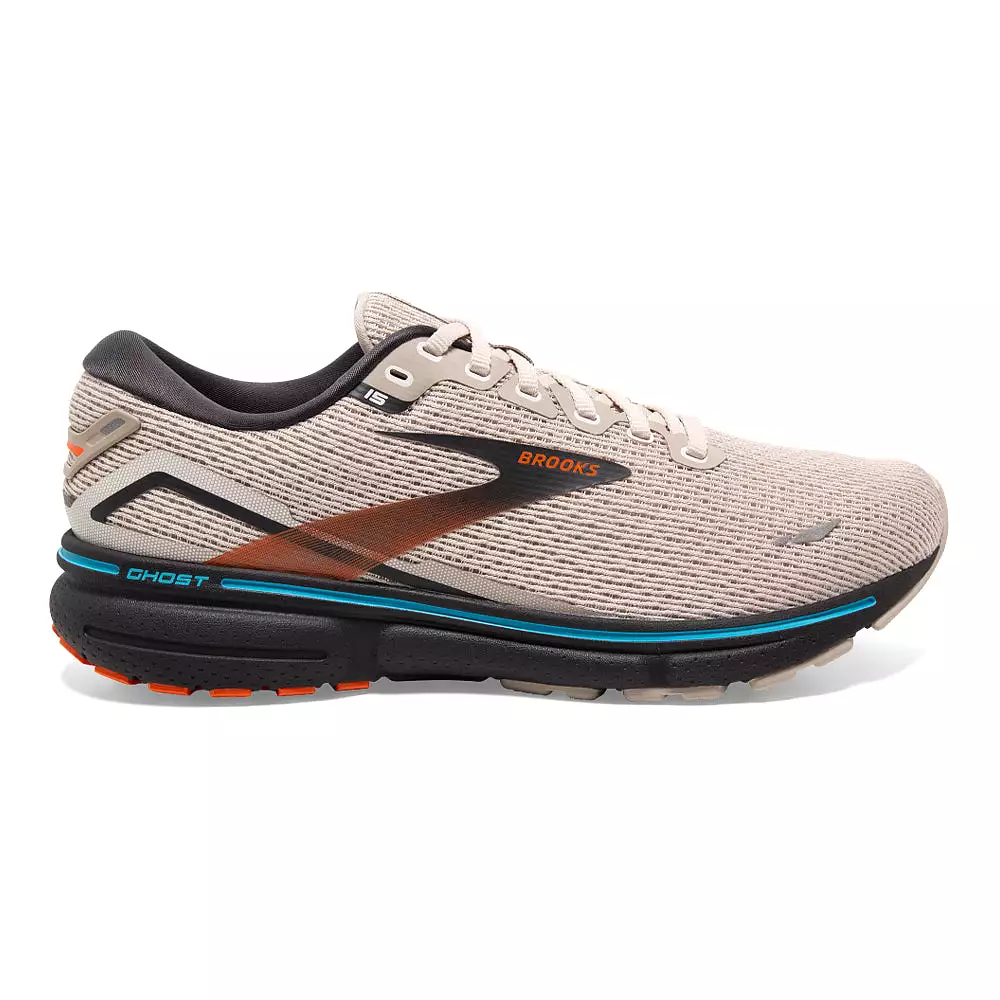 Men's Brooks Ghost 15, White Sand/Red Orange/Blue, 7 D Medium