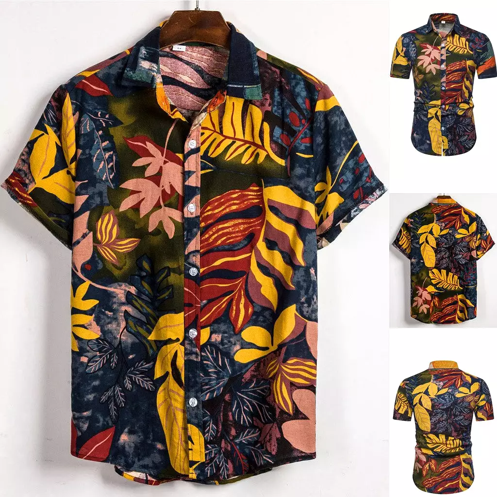 Men's Hawaiian Shirt Funky Printed Short Sleeve Stand Neck Shirt L S1904677